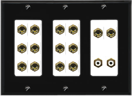 RiteAV 7.2 Surround Sound 7 Speaker 14 Banana Plug Jack Wall Plate w/2 RCA Subwoofer Female Connector - 3 Gang [Black/White]