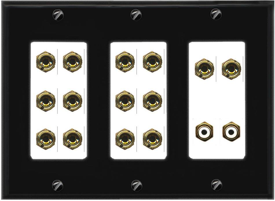RiteAV 7.2 Surround Sound 7 Speaker 14 Banana Plug Jack Wall Plate w/2 RCA Subwoofer Female Connector - 3 Gang [Black/White]