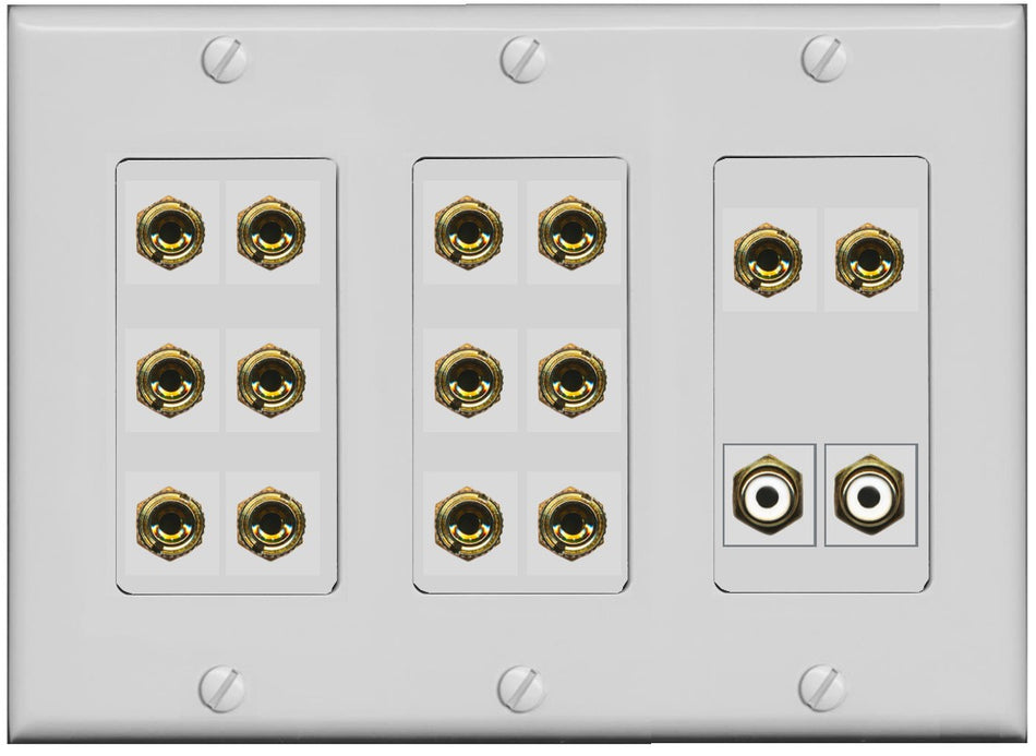 RiteAV 7.2 Surround Sound 7 Speaker 14 Banana Plug Jack Wall Plate w/2 RCA Subwoofer Female Connector - 3 Gang [Gray]