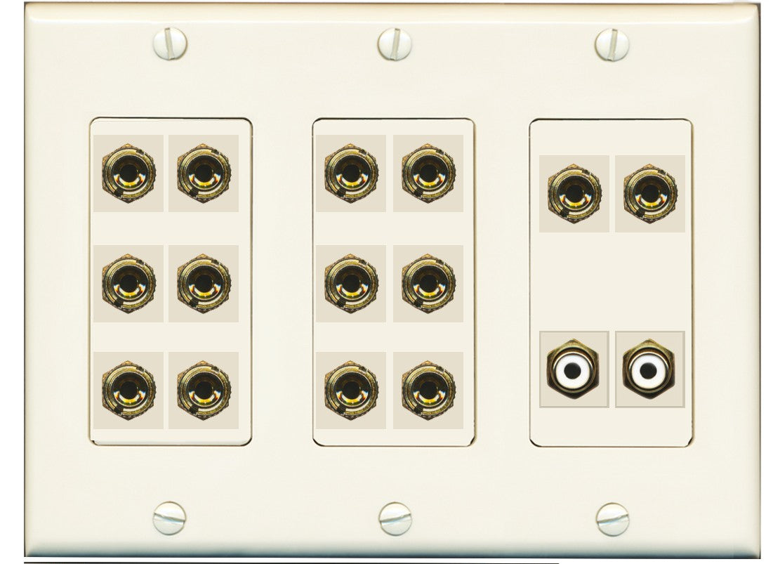 RiteAV 7.2 Surround Sound 7 Speaker 14 Banana Plug Jack Wall Plate w/2 RCA Subwoofer Female Connector - 3 Gang [Light Almond]