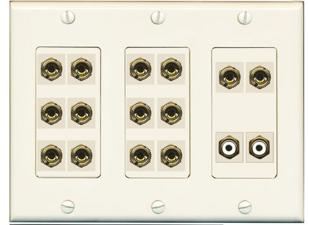 RiteAV 7.2 Surround Sound 7 Speaker 14 Banana Plug Jack Wall Plate w/2 RCA Subwoofer Female Connector - 3 Gang [Light Almond]