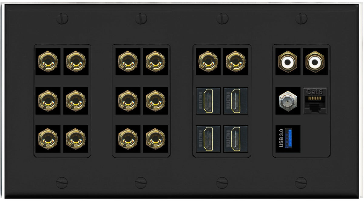RiteAV 7.2 Surround Sound 7 Speaker 14 Banana Plug Jack Wall Plate w/ 2 RCA Subwoofer + 4 HDMI + 1 x Coax Cat6 USB Jacks - 4 Gang [Black]