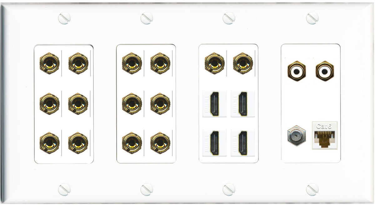RiteAV 7.2 Surround Sound 7 Speaker 14 Banana Plug Jack Wall Plate w/ 2 RCA Subwoofer + 4 HDMI + 1 x Coax Cat6 Jacks - 4 Gang [White]