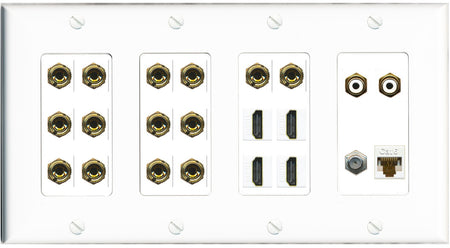 RiteAV 7.2 Surround Sound 7 Speaker 14 Banana Plug Jack Wall Plate w/ 2 RCA Subwoofer + 4 HDMI + 1 x Coax Cat6 Jacks - 4 Gang [White]