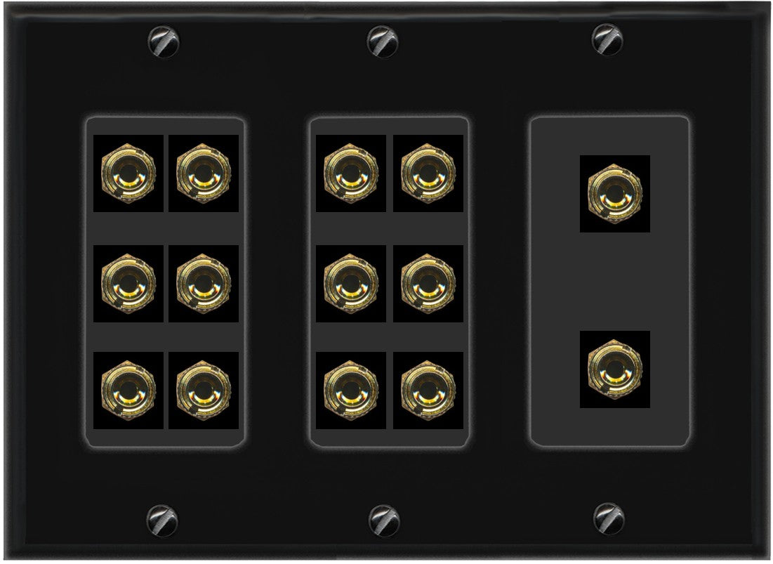 RiteAV 7.0 Surround Sound 7 Speaker 14 Banana Plug Jack Wall Plate Female Connectors - 3 Gang [Black]