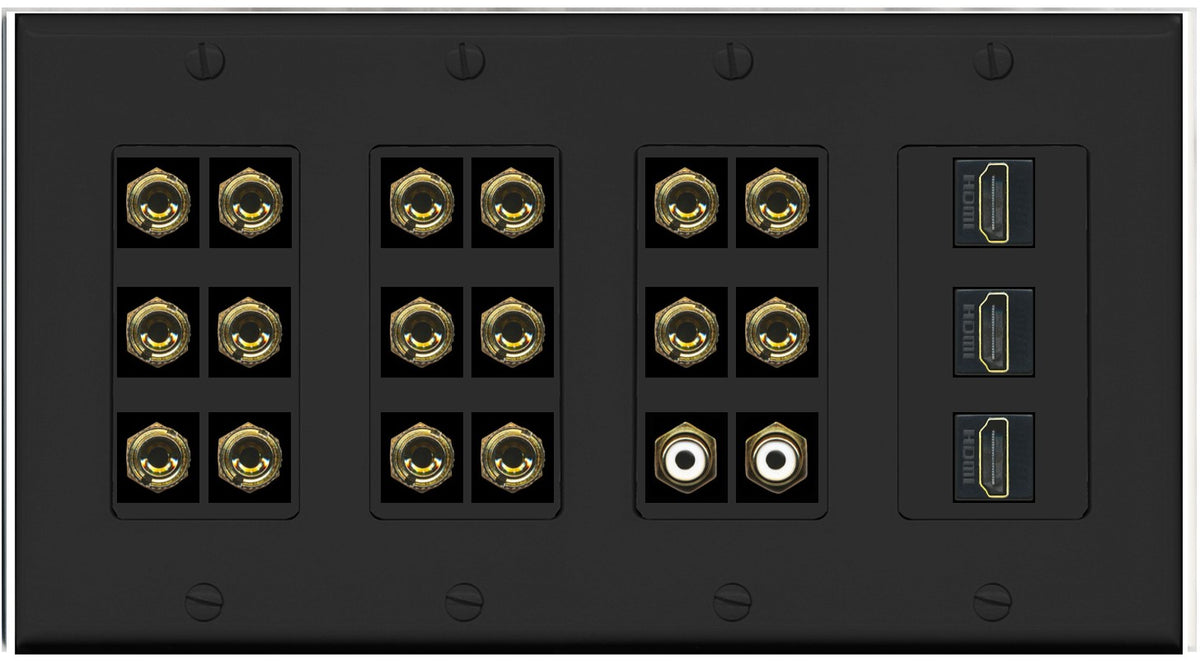RiteAV 8.2 Surround Sound 8 Speaker 16 Banana Plug Jack Wall Plate w/ 2 RCA Subwoofer + 3 HDMI Female Connectors - 4 Gang [Black]