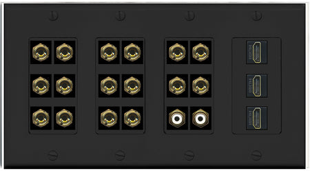 RiteAV 8.2 Surround Sound 8 Speaker 16 Banana Plug Jack Wall Plate w/ 2 RCA Subwoofer + 3 HDMI Female Connectors - 4 Gang [Black]