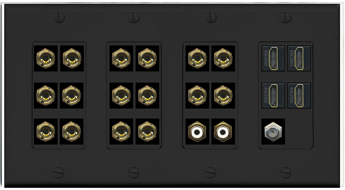 RiteAV 8.2 Surround Sound 8 Speaker 16 Banana Plug Jack Wall Plate w/ 2 RCA Subwoofer + 4 HDMI Coax Jacks - 4 Gang [Black]