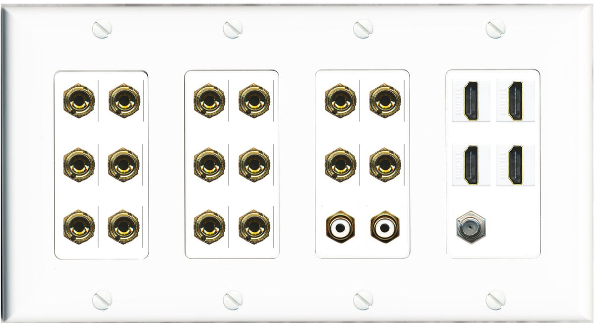 RiteAV 8.2 Surround Sound 8 Speaker 16 Banana Plug Jack Wall Plate w/ 2 RCA Subwoofer + 4 HDMI Coax Jacks - 4 Gang [White]