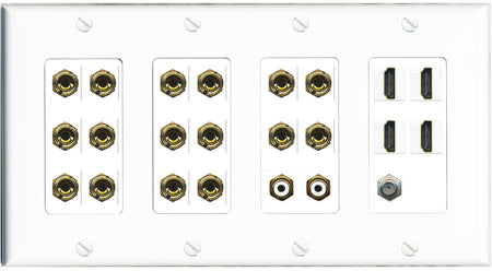 RiteAV 8.2 Surround Sound 8 Speaker 16 Banana Plug Jack Wall Plate w/ 2 RCA Subwoofer + 4 HDMI Coax Jacks - 4 Gang [White]