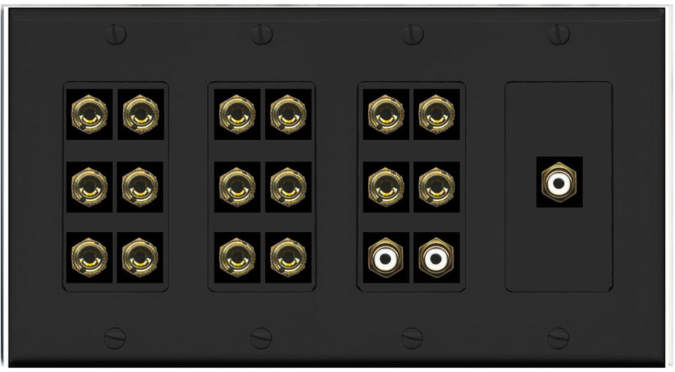 RiteAV 8.3 Surround Sound 8 Speaker 16 Banana Plug Jack Wall Plate w/3 RCA Subwoofer Female Connectors - 4 Gang [Black]