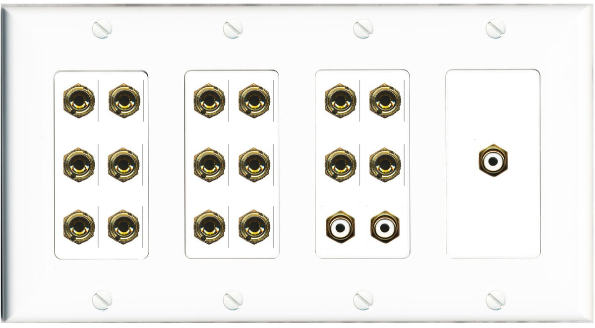 RiteAV 8.3 Surround Sound 8 Speaker 16 Banana Plug Jack Wall Plate w/3 RCA Subwoofer Female Connectors - 4 Gang [White]