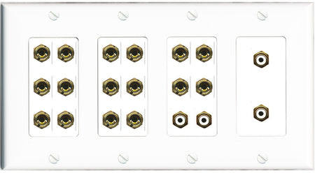 RiteAV 8.4 Surround Sound 8 Speaker 16 Banana Plug Jack Wall Plate w/4 RCA Subwoofer Female Connectors - 4 Gang [White]