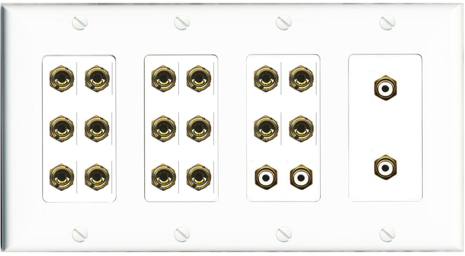 RiteAV 8.4 Surround Sound 8 Speaker 16 Banana Plug Jack Wall Plate w/4 RCA Subwoofer Female Connectors - 4 Gang [White]
