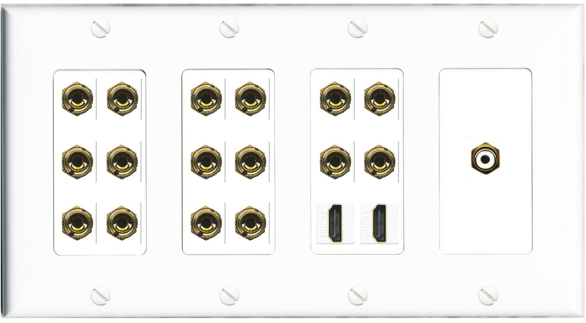 RiteAV 8.1 Surround Sound 8 Speaker 16 Banana Plug Jack Wall Plate w/RCA Subwoofer + 2 HDMI Female Connectors - 4 Gang [White]