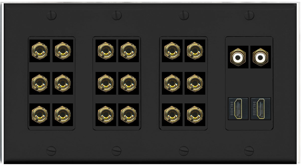 RiteAV 9.2 Surround Sound 9 Speaker 18 Banana Plug Jack Wall Plate w/ 2 RCA Subwoofer + 2 HDMI Female Connectors - 4 Gang [Black]