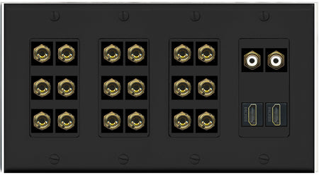RiteAV 9.2 Surround Sound 9 Speaker 18 Banana Plug Jack Wall Plate w/ 2 RCA Subwoofer + 2 HDMI Female Connectors - 4 Gang [Black]