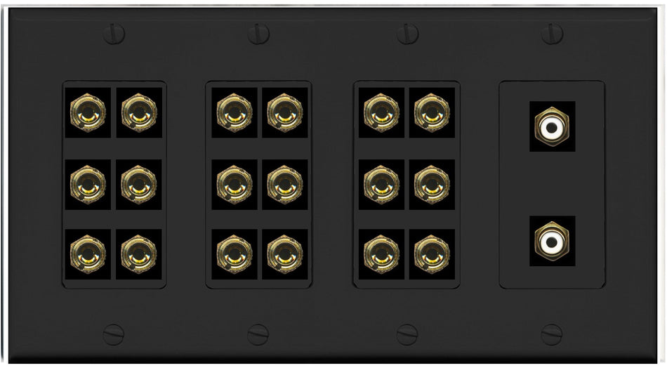RiteAV 9.2 Surround Sound 9 Speaker 18 Banana Plug Jack Wall Plate w/2 RCA Subwoofer Female Connectors - 4 Gang [Black]