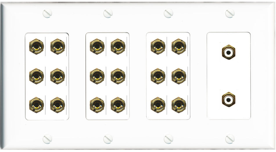 RiteAV 9.2 Surround Sound 9 Speaker 18 Banana Plug Jack Wall Plate w/2 RCA Subwoofer Female Connectors - 4 Gang [White]