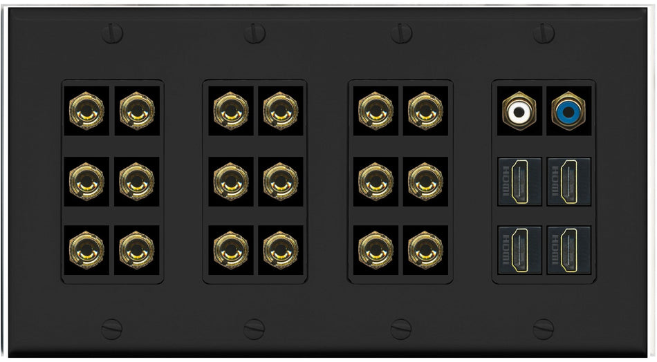 RiteAV 9.2 Surround Sound 9 Speaker 18 Banana Plug Jack Wall Plate w/ 2 RCA Subwoofer + 4 HDMI Female Connectors - 4 Gang [Black]
