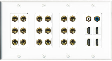 RiteAV 9.2 Surround Sound 9 Speaker 18 Banana Plug Jack Wall Plate w/ 2 RCA Subwoofer + 4 HDMI Female Connectors - 4 Gang [White]
