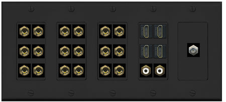 RiteAV 9.2 Surround Sound 9 Speaker 18 Banana Plug Jack Wall Plate w/ 2 RCA Subwoofer + 4 HDMI Coax Jacks - 5 Gang [Black]