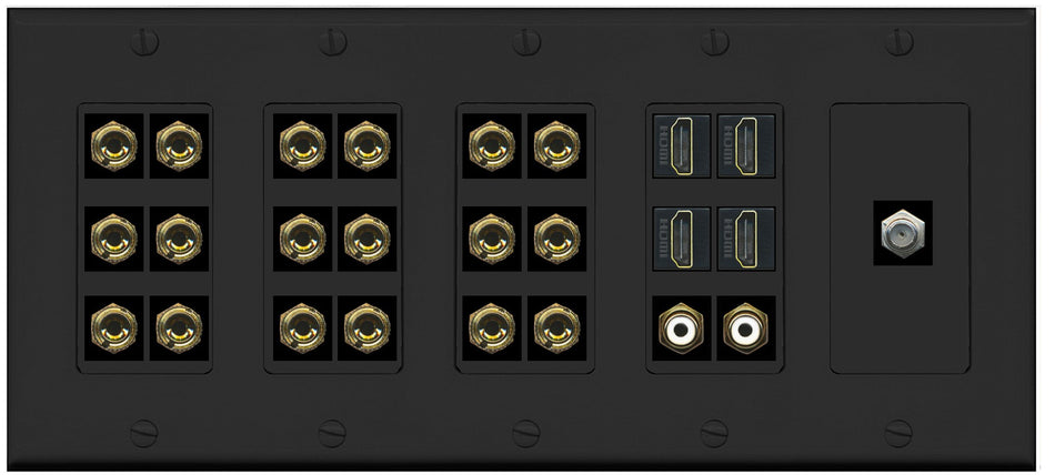 RiteAV 9.2 Surround Sound 9 Speaker 18 Banana Plug Jack Wall Plate w/ 2 RCA Subwoofer + 4 HDMI Coax Jacks - 5 Gang [Black]