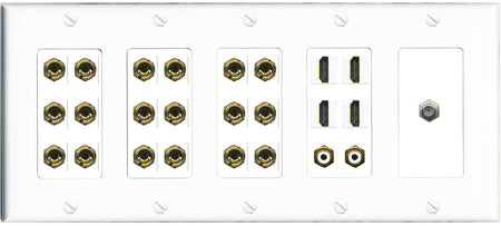RiteAV 9.2 Surround Sound 9 Speaker 18 Banana Plug Jack Wall Plate w/ 2 RCA Subwoofer + 4 HDMI Coax Jacks - 5 Gang [White]
