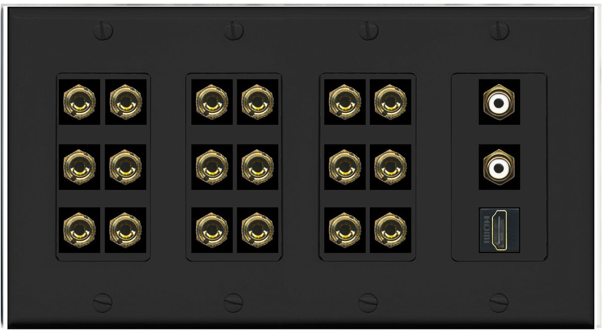 RiteAV 9.2 Surround Sound 9 Speaker 18 Banana Plug Jack Wall Plate w/ 2 RCA Subwoofer + HDMI Female Connectors - 4 Gang [Black]