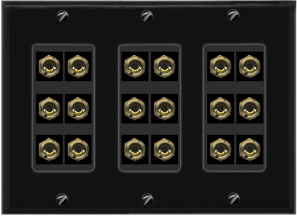 RiteAV 9.0 Surround Sound 9 Speaker 18 Banana Plug Jack Wall Plate Female Connectors - 3 Gang [Black]