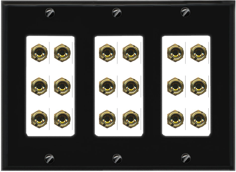 RiteAV 9.0 Surround Sound 9 Speaker 18 Banana Plug Jack Wall Plate Female Connectors - 3 Gang [Black/White]
