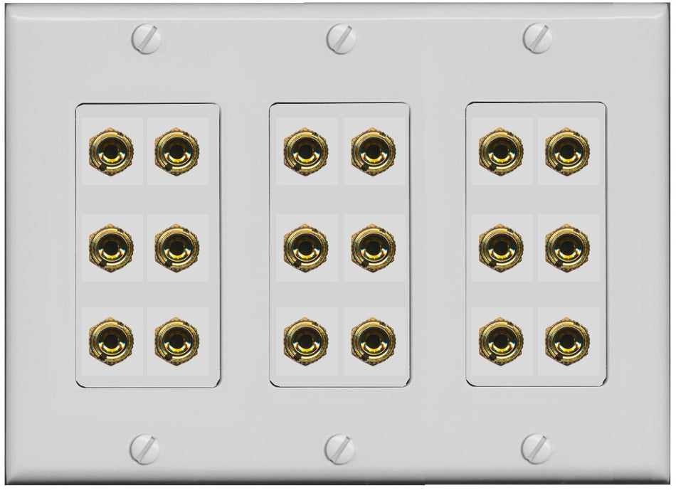RiteAV 9.0 Surround Sound 9 Speaker 18 Banana Plug Jack Wall Plate Female Connectors - 3 Gang [Gray]