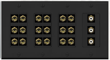 RiteAV 9.3 Surround Sound 9 Speaker 18 Banana Plug Jack Wall Plate w/3 RCA Subwoofer Female Connectors - 4 Gang [Black]