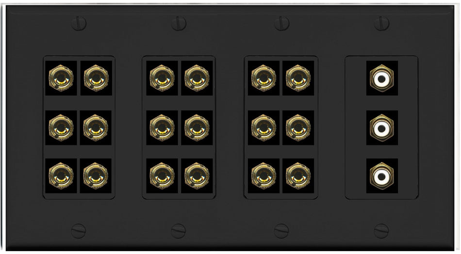 RiteAV 9.3 Surround Sound 9 Speaker 18 Banana Plug Jack Wall Plate w/3 RCA Subwoofer Female Connectors - 4 Gang [Black]