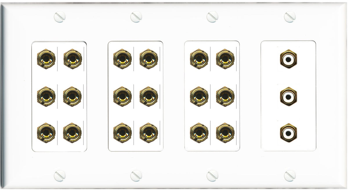 RiteAV 9.3 Surround Sound 9 Speaker 18 Banana Plug Jack Wall Plate w/3 RCA Subwoofer Female Connectors - 4 Gang [White]