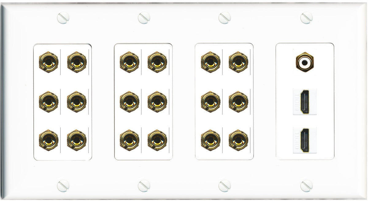 RiteAV 9.1 Surround Sound 9 Speaker 18 Banana Plug Jack Wall Plate w/RCA Subwoofer + 2 HDMI Female Connectors - 4 Gang [White]