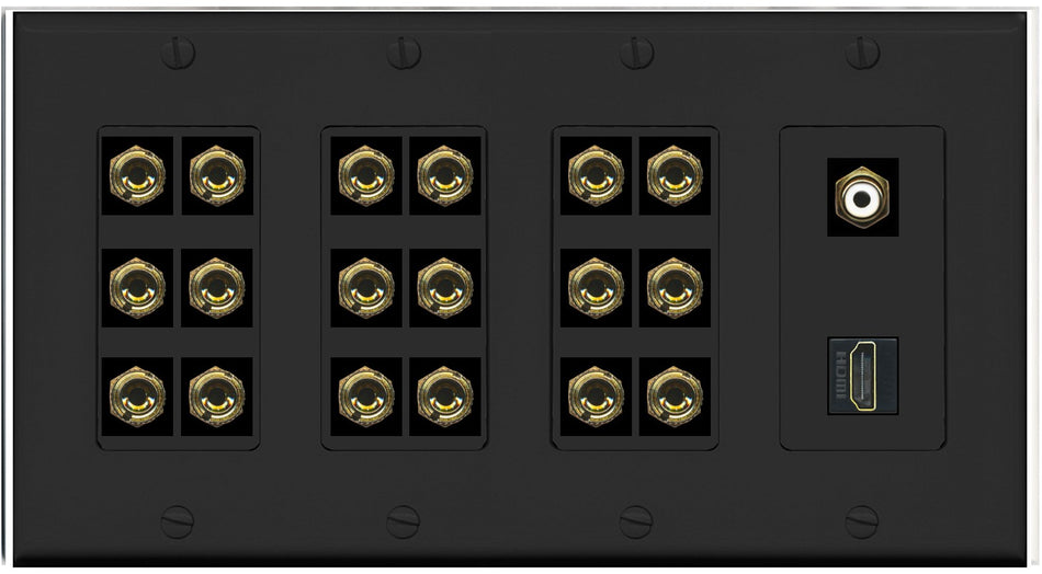 RiteAV 9.1 Surround Sound 9 Speaker 18 Banana Plug Jack Wall Plate w/RCA Subwoofer + HDMI Female Connectors - 4 Gang [Black]