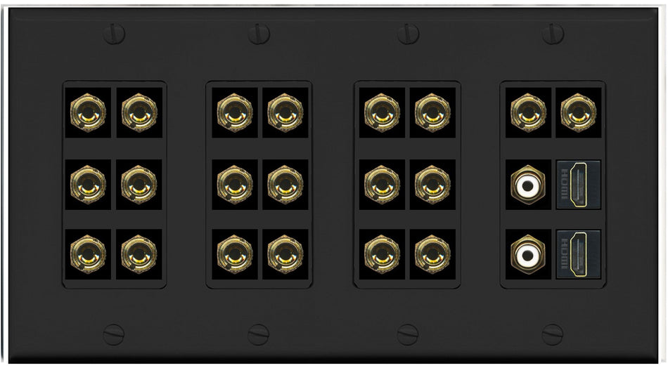 RiteAV 10.2 Surround Sound 10 Speaker 20 Banana Plug Jack Wall Plate w/2 RCA Subwoofer + 2 HDMI Female Connectors - 4 Gang [Black]