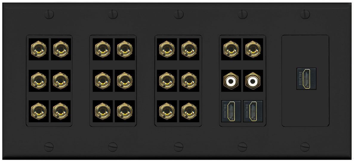 RiteAV 10.2 Surround Sound 10 Speaker 20 Banana Plug Jack Wall Plate w/2 RCA Subwoofer + 3 HDMI Female Connectors - 5 Gang [Black]