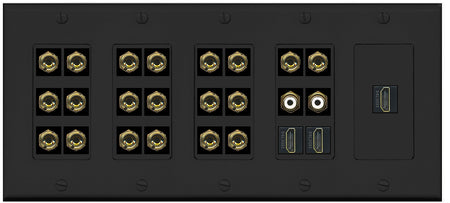 RiteAV 10.2 Surround Sound 10 Speaker 20 Banana Plug Jack Wall Plate w/2 RCA Subwoofer + 3 HDMI Female Connectors - 5 Gang [Black]