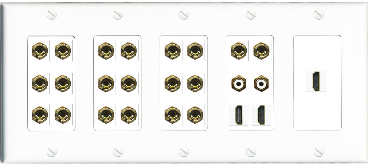 RiteAV 10.2 Surround Sound 10 Speaker 20 Banana Plug Jack Wall Plate w/2 RCA Subwoofer + 3 HDMI Female Connectors - 5 Gang [White]