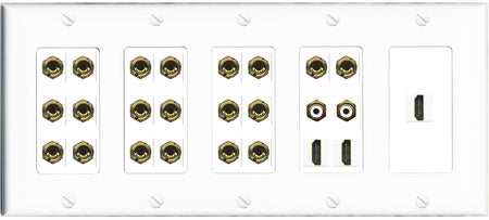 RiteAV 10.2 Surround Sound 10 Speaker 20 Banana Plug Jack Wall Plate w/2 RCA Subwoofer + 3 HDMI Female Connectors - 5 Gang [White]