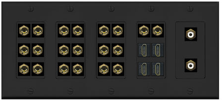 RiteAV 10.2 Surround Sound 10 Speaker 20 Banana Plug Jack Wall Plate w/2 RCA Subwoofer + 4 HDMI Female Connectors - 5 Gang [Black]