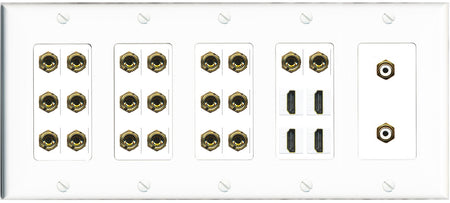 RiteAV 10.2 Surround Sound 10 Speaker 20 Banana Plug Jack Wall Plate w/2 RCA Subwoofer + 4 HDMI Female Connectors - 5 Gang [White]