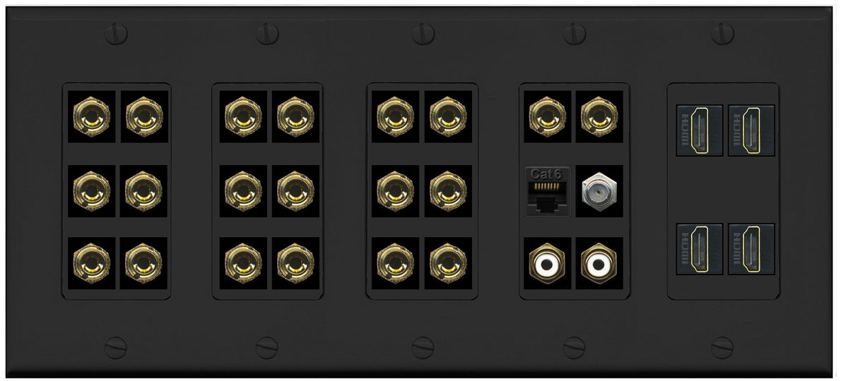 RiteAV 10.2 Surround Sound 10 Speaker 20 Banana Plug Jack Wall Plate w/2 RCA Subwoofer + 4 HDMI Female Coax Cat6 Jacks - 5 Gang [Black]