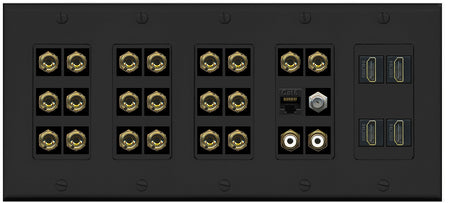 RiteAV 10.2 Surround Sound 10 Speaker 20 Banana Plug Jack Wall Plate w/2 RCA Subwoofer + 4 HDMI Female Coax Cat6 Jacks - 5 Gang [Black]