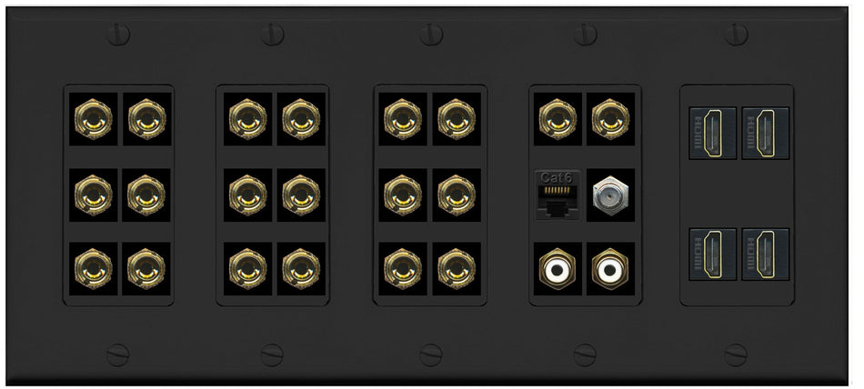 RiteAV 10.2 Surround Sound 10 Speaker 20 Banana Plug Jack Wall Plate w/2 RCA Subwoofer + 4 HDMI Female Coax Cat6 Jacks - 5 Gang [Black]