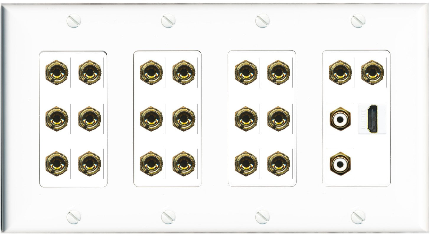 RiteAV 10.2 Surround Sound 10 Speaker 20 Banana Plug Jack Wall Plate w/2 RCA Subwoofer + HDMI Female Connectors - 4 Gang