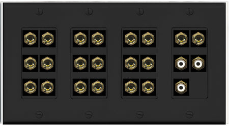 RiteAV 10.3 Surround Sound 10 Speaker 20 Banana Plug Jack Wall Plate w/3 RCA Subwoofer Female Connectors - 4 Gang [Black]
