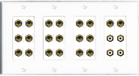 RiteAV 10.4 Surround Sound 10 Speaker 20 Banana Plug Jack Wall Plate w/4 RCA Subwoofer Female Connectors - 4 Gang [White]